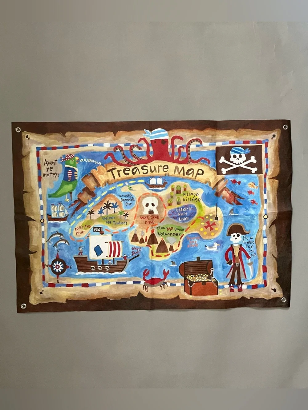 Oopsy Daisy Kids Treasure Map Pirate Fabric Tapestry 37”X 26” w/ Grommets USA